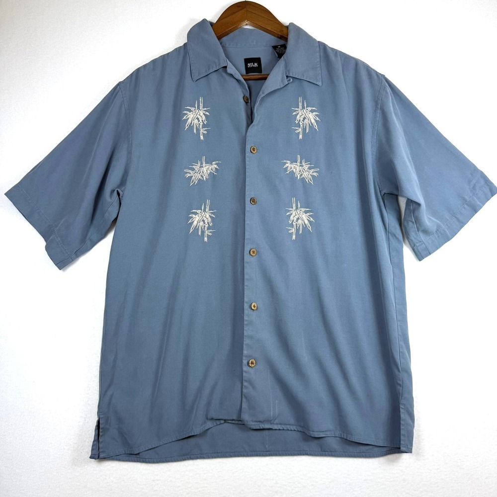 Silk Icon 100% Silk Blue Mens Embroidered Bamboo Camp Shirt Medium Short Sleeve